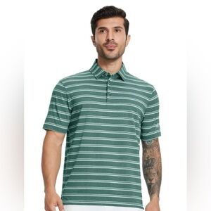 MICHEL ROUEN Polo Dark Green Shirt Dry Fit Moisture Wicking Striped Golf